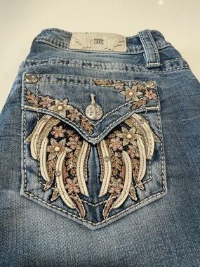 Miss Me Blue Bootcut Jeans with Embroidered Floral Wing Pockets
